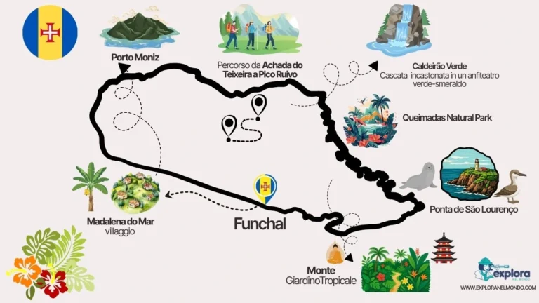 Mappa illustrata dell'isola di Madeira con le tappe del tour di Explora nel Mondo: Funchal, Porto Moniz, Pico Ruivo e Caldeirão Verde.