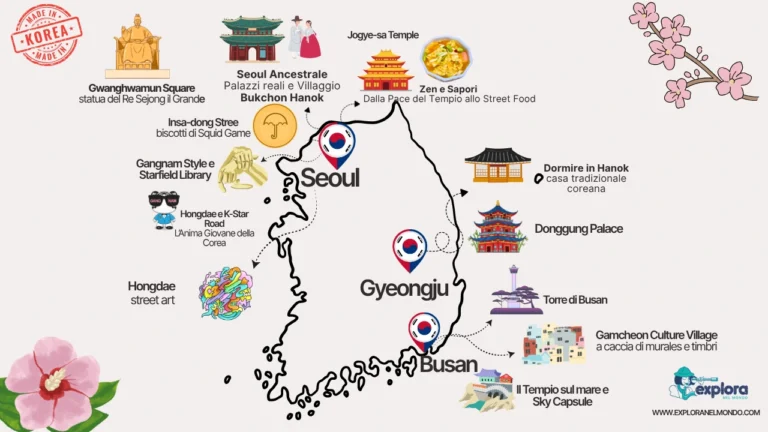 Mappa illustrata della Corea del Sud con le tappe principali del tour di Explora nel Mondo: Seoul, Gyeongju e Busan, completa di icone culturali e punti di interesse.