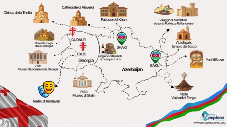 Mappa illustrata del tour in Azerbaijan e Georgia di Explora nel Mondo, con tappe a Baku, Shaki, Tbilisi e Gudauri, incluse icone della Chiesa della Trinità e del Palazzo del Khan.