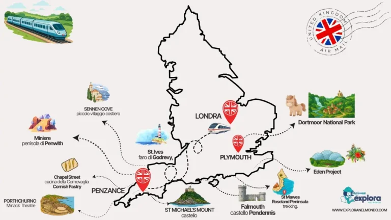 Mappa illustrata del tour in Cornovaglia di Explora nel Mondo, con tappe principali tra Londra, Plymouth e Penzance, incluse icone di St. Michael's Mount e del Minack Theatre.