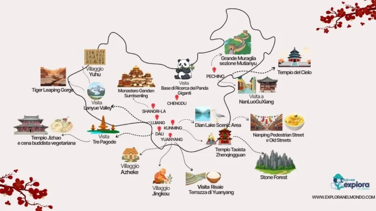 Mappa illustrata del tour in Cina di Explora nel Mondo, con tappe a Pechino, Chengdu, Shangri-La e lo Yunnan, incluse icone della Grande Muraglia, panda giganti e risaie a terrazza.