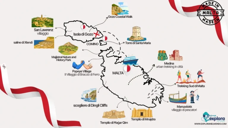 Mappa illustrata dell'arcipelago di Malta, Comino e Gozo con le tappe del tour di Explora nel Mondo: Medina, le scogliere di Dingli, il villaggio di Popeye e i templi di Hagar Qim.