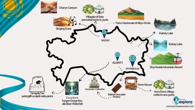 Mappa illustrata del tour in Kazakistan di Explora nel Mondo, con tappe ad Astana, Almaty e il Charyn Canyon, incluse icone della torre Bayterek e laghi alpini.