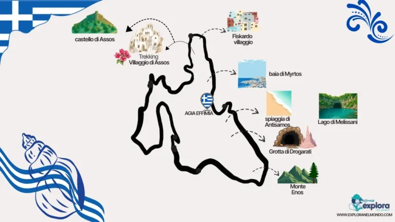 Mappa illustrata dell'isola di Cefalonia con le tappe del tour di Explora nel Mondo: il castello di Assos, la grotta di Drogarati, il Monte Enos e le spiagge più belle.