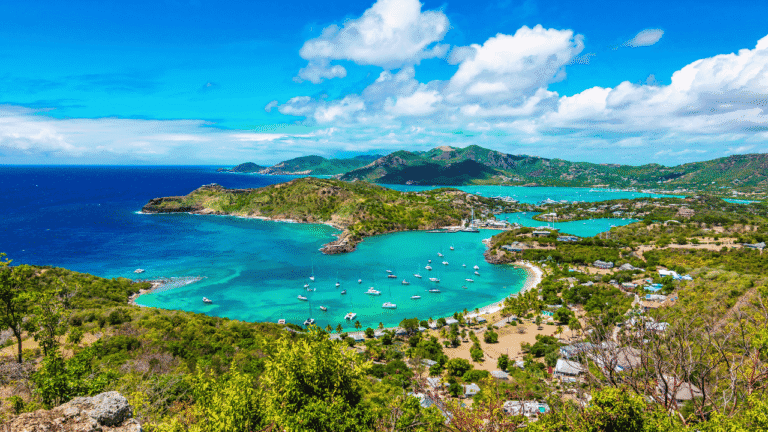 Vista panoramica di una spiaggia tropicale ad Antigua con sabbia bianca finissima, palme che si affacciano su un mare turchese cristallino e un cielo azzurro terso.