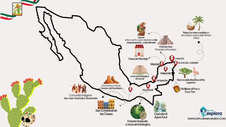 Mappa illustrata del tour in Messico di Explora nel Mondo con icone delle piramidi Maya, il Canyon del Sumidero, le cascate del Chiapas e le spiagge dello Yucatán.